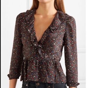 Madewell XXS Silk Ruffle Hem Peplum Wrap Long Sleeve Blouse